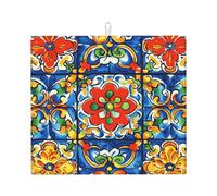 Mexpekil Mexican Talavera Tiles Ethnic Dish Drying Mat for Kitchen Counter Reversible Absorbent Coffee Mat Washable Quick-Dry Drainer Sink Mats for Plates Cups Pots 40x45cm