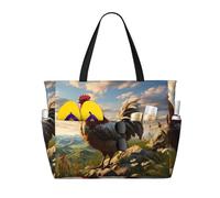 Mexpekil Mountain Chicken Large Beach Bags for Women Men Waterproof Sandproof Beach Tote Bag with Zip and Pockets Foldable Summer Holiday Handbags for Travel Pool Seaside