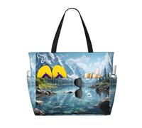 Mexpekil Mountain Lake Large Beach Bags for Women Men Waterproof Sandproof Beach Tote Bag with Zip and Pockets Foldable Summer Holiday Handbags for Travel Pool Seaside