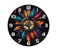 Mexpekil Native American Compass Feather White Silent Wall Clock Non Ticking 25cm Round Wall Clocks Battery Operated Modern Decorative Clock for Living Room Kitchen Bedroom Office