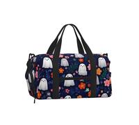 Mexpekil Navy Blue Flowers Ghost Gym Bag with Shoe Compartment Waterproof Duffel Bag Large Overnight Weekend Bags Travel Holdall for Women Men Teens