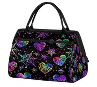 Mexpekil Neon Heart Spider Web Travel Duffel Bag Waterproof Gym Bag Carry On Weekend Overnight Bags Large Hand Luggage Tote Bags for Women Men Kids