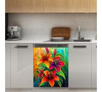 Mexpekil Neon Orange Green Flowers Dishwasher Magnet Cover 21x26Inch Decorative Dish Washer Sticker for Front Door Waterproof Kitchen Appliance Panel Magnetic Decal