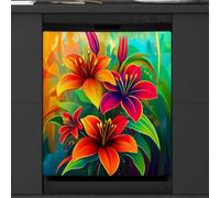 Mexpekil Neon Orange Green Flowers Dishwasher Magnet Cover | 23x26inch Reusable Dish Washer Covers Decorative Dishwasher Front Panel Magnetic Cover Sticker for Kitchen Appliances