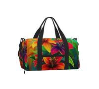 Mexpekil Neon Orange Green Flowers Gym Bag with Shoe Compartment Waterproof Duffel Bag Large Overnight Weekend Bags Travel Holdall for Women Men Teens
