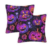 Mexpekil Neon Pumpkin Spider Web Cushion Covers 55cm X 55cm 2 Pack Invisible Zipper Square Pillow Cases Decorative Pillow Covers Protectors for Sofa Bed Home Decor