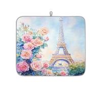 Mexpekil Oil Painted Rose Eiffel Tower Dish Drying Mat 16x18 in, Absorbent Kitchen Counter Mats Dish Drainer Pad, Quick Dry Coffee Bar Mat