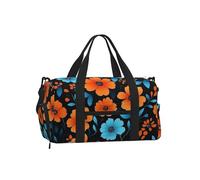 Mexpekil Orange Blue Flowers Cartoon Gym Bag with Shoe Compartment Waterproof Duffel Bag Large Overnight Weekend Bags Travel Holdall for Women Men Teens
