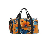 Mexpekil Orange Blue Flowers Gym Bag with Shoe Compartment Waterproof Duffel Bag Large Overnight Weekend Bags Travel Holdall for Women Men Teens