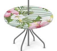 Mexpekil Outdoor Round Tablecloth with Umbrella Hole and Zipper, Green Striped Pink Flower Wipeable Tablecloths 45-56" Elastic Edge for Patio Garden