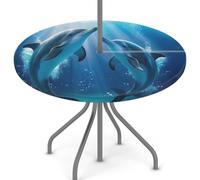 Mexpekil Outdoor Round Tablecloth with Umbrella Hole and Zipper, Underwater Dolphins Wipeable Tablecloths 45-56" Elastic Edge for Patio Garden