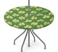 Mexpekil Outdoor Tablecloth with Umbrella Hole and Zipper Green Shamrock Lucky Leaves Waterproof Round Elastic Fitted Table Cloth Covers for Patio Garden 45-56 in