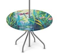 Mexpekil Outdoor Tablecloth with Umbrella Hole and Zipper Oil Painting Summer Animal Dragonfly Waterproof Round Elastic Fitted Table Cloth Covers for Patio Garden 36-44 in