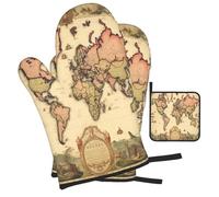 Mexpekil Oven Mitts and Pot Holders Set of 3 Vintage World Map Pattern Oven Mitts Heat Resistant Non-Slip 1 Pair Oven Gloves,1 Pot Holder Pad for Baking Grilling BBQ Cooking Mitts