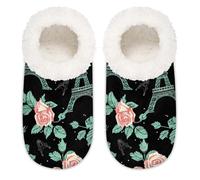 Mexpekil Paris Eiffel Tower Rose Women's Slippers Size 5-6 Soft Fuzzy House Slipper Non Slip Home Shoes for Women Men Ladies
