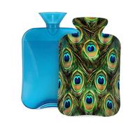 Mexpekil Peacock Animal Feathers Hot Water Bottle with Cover, 2L PVC Hot Water Bag for Pain Relief, Feet, Back, Warmth