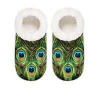 Mexpekil Peacock Animal Feathers Women's Slippers Size 10.5-12 Soft Fuzzy House Slipper Non Slip Home Shoes for Women Men Ladies