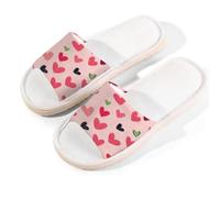 Mexpekil Pink Black Hearts Linen Slippers for Women Men Non-Slip House Shoes Open Toe Summer Sliders Slip on Indoor Outdoor Slipper (4.5-5.5)