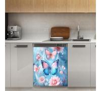 Mexpekil Pink Blue Butterflies Floral Dishwasher Magnet Cover 21x26Inch Decorative Dish Washer Sticker for Front Door Waterproof Kitchen Appliance Panel Magnetic Decal