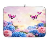Mexpekil Pink Blue Rose Butterfly Dish Drying Mat 18x24 in, Absorbent Kitchen Counter Mats Dish Drainer Pad, Quick Dry Coffee Bar Mat