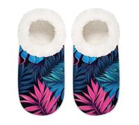 Mexpekil Pink Blue Tropical Palm Leaves Women's Slippers Size 9-10.5 Soft Fuzzy House Slipper Non Slip Home Shoes for Women Men Ladies