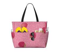Mexpekil Pink Glitter Strawberries Pattern Large Beach Bags for Women Men Waterproof Sandproof Beach Tote Bag with Zip and Pockets Foldable Summer Holiday Handbags for Travel Pool Seaside