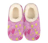 Mexpekil Pink Hearts Yellow Star Women's & Men's Slippers with Fluffy Collar Winter Warm House Slippers Anti-Slip Indoor House Shoes Gifts for Mum Dad (Sizes UK 4-5)
