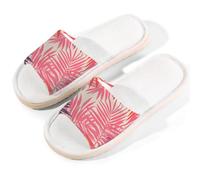 Mexpekil Pink Palm Leaves Pattern Linen Slippers for Women Men Non-Slip House Shoes Open Toe Summer Sliders Slip on Indoor Outdoor Slipper (6-6.5)