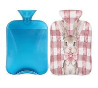 Mexpekil Pink Plaid Easter Bunny Rabbit Hot Water Bottle with Cover, 2L PVC Hot Water Bag for Pain Relief, Feet, Back, Warmth