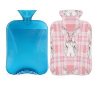Mexpekil Pink Plaid Easter Rabbit Bunny Hot Water Bottle with Cover, 2L PVC Hot Water Bag for Pain Relief, Feet, Back, Warmth