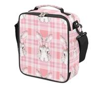 Mexpekil Pink Plaid Easter Rabbit Bunny Kids Lunch Bag Boys Girls, Square Thermal Insulated Lunch Box, Reusable Cooler Tote for School Picnic Travel