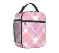 Mexpekil Pink Plaid Heart Insulated Lunch Bag for Women Men Thermal Lunch Box Portable Picnic Cooler Bag with Side Mesh Pocket Adults Lunchbox for Work