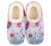 Mexpekil Pink Poppies Floral Women's & Men's Slippers with Fluffy Collar Winter Warm House Slippers Anti-Slip Indoor House Shoes Gifts for Mum Dad (Sizes UK 10-11)