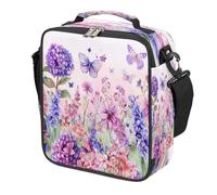 Mexpekil Pink Purple Flower Butterfly Kids Lunch Bag Boys Girls, Square Thermal Insulated Lunch Box, Reusable Cooler Tote for School Picnic Travel