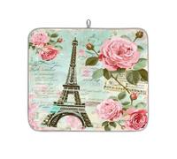 Mexpekil Pink Rose Eiffel Tower Postcard Themed Dish Drying Mat 16x18 in, Absorbent Kitchen Counter Mats Dish Drainer Pad, Quick Dry Coffee Bar Mat