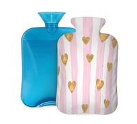 Mexpekil Pink Stripes Golden Love Heart Hot Water Bottle with Cover, 2L PVC Hot Water Bag for Pain Relief, Feet, Back, Warmth