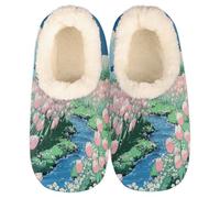 Mexpekil Pink Tulips Flowers Women's & Men's Slippers with Fluffy Collar Winter Warm House Slippers Anti-Slip Indoor House Shoes Gifts for Mum Dad (Sizes UK 4-5)