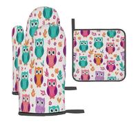 Mexpekil Pot Holders and Oven Gloves, Cute Colorful Owl Baking Gloves Oven Mitts and Heat Resistant Mat for Cooking Barbecuing BBQ Kitchen Accessories