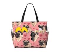 Mexpekil Pugs Hearts Large Beach Bags for Women Men Waterproof Sandproof Beach Tote Bag with Zip and Pockets Foldable Summer Holiday Handbags for Travel Pool Seaside