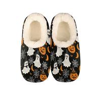 Mexpekil Pumpkin Ghost Spider Web Women's & Men's Slippers with Fluffy Collar Winter Warm House Slippers Anti-Slip Indoor House Shoes Gifts for Mum Dad (Sizes UK 6-7)