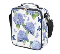 Mexpekil Purple Blue Hydrangea Butterfly Kids Lunch Bag Boys Girls, Square Thermal Insulated Lunch Box, Reusable Cooler Tote for School Picnic Travel