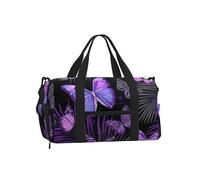 Mexpekil Purple Butterflies Palm Leaves Gym Bag with Shoe Compartment Waterproof Duffel Bag Large Overnight Weekend Bags Travel Holdall for Women Men Teens