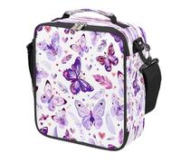 Mexpekil Purple Butterfly Feathers Kids Lunch Bag Boys Girls, Square Thermal Insulated Lunch Box, Reusable Cooler Tote for School Picnic Travel