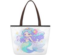 Mexpekil Purple Cartoon Mermaid Pattern Tote Bag for Women, Medium Shoulder Bag Top Handle Satchel Purse Lightweight Reusable Shopping Work Travel Beach Handbag