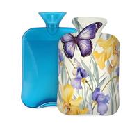 Mexpekil Purple Yellow Iris Flower Butterfly Hot Water Bottle with Cover, 2L PVC Hot Water Bag for Pain Relief, Feet, Back, Warmth