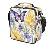 Mexpekil Purple Yellow Iris Flower Butterfly Kids Lunch Bag Boys Girls, Square Thermal Insulated Lunch Box, Reusable Cooler Tote for School Picnic Travel