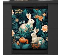 Mexpekil Rabbits Teal Plants Dishwasher Magnet Cover | 23x26inch Reusable Dish Washer Covers Decorative Dishwasher Front Panel Magnetic Cover Sticker for Kitchen Appliances
