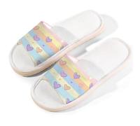 Mexpekil Rainbow Stripes Hearts Linen Slippers for Women Men Non-Slip House Shoes Open Toe Summer Sliders Slip on Indoor Outdoor Slipper (4.5-5.5)