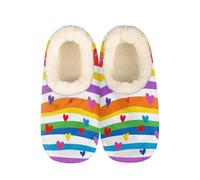 Mexpekil Rainbow Stripes Hearts Women's & Men's Slippers with Fluffy Collar Winter Warm House Slippers Anti-Slip Indoor House Shoes Gifts for Mum Dad (Sizes UK 4-5)