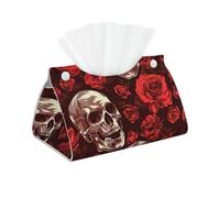 Mexpekil Rectangle Tissue Box Cover Leather Tissue Box Holder Waterproof Cube Tissues Storage Box Decorative Organizer for Home Car Office (Vintage Red Rose Skull)